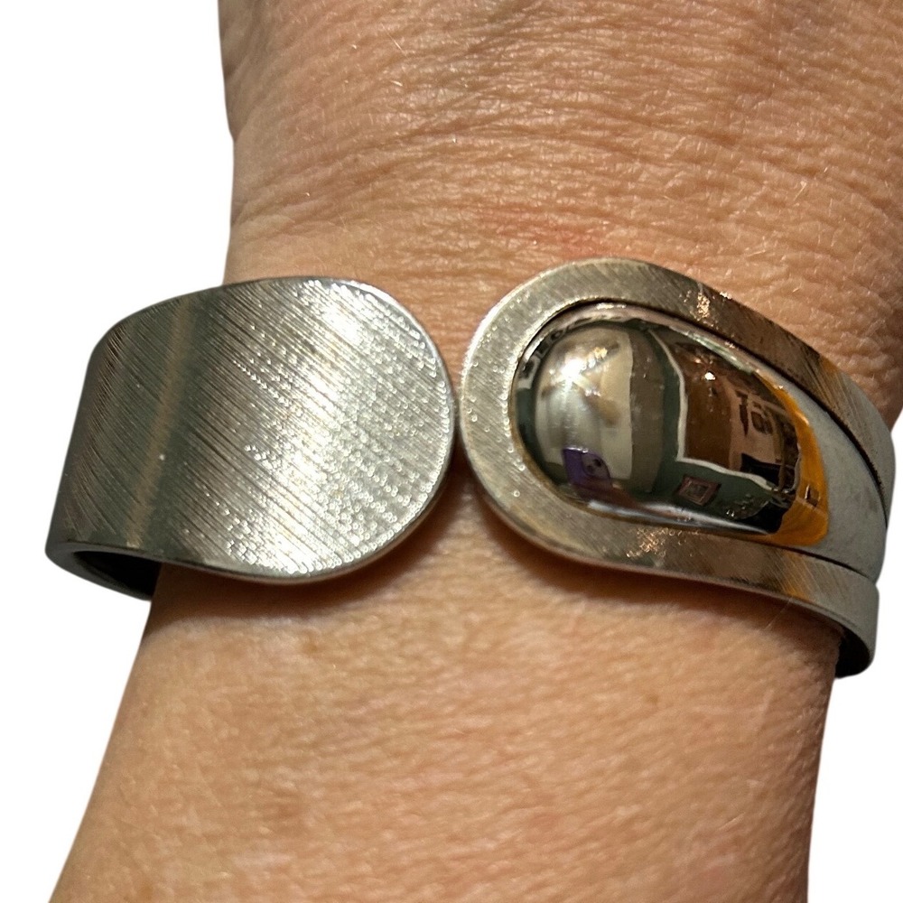 Lia Sophia Brushed Silver Tone Hinged Cuff Bracelet Modern Minimalist Statement